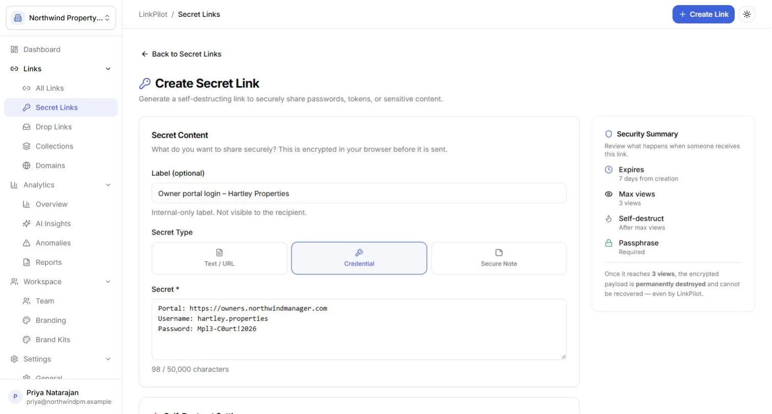 The Create Secret Link form: a credential, 7-day expiry, 3 views and a passphrase, with the Security Summary beside it