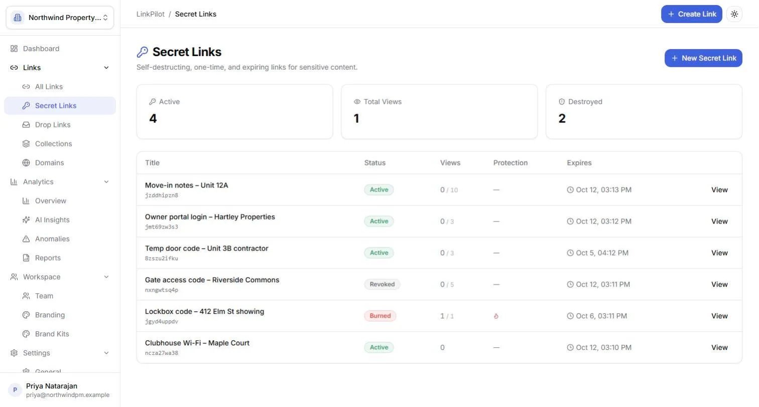 The Secret Links list in a demo workspace: active, revoked and burned secrets with view counts and expiry times